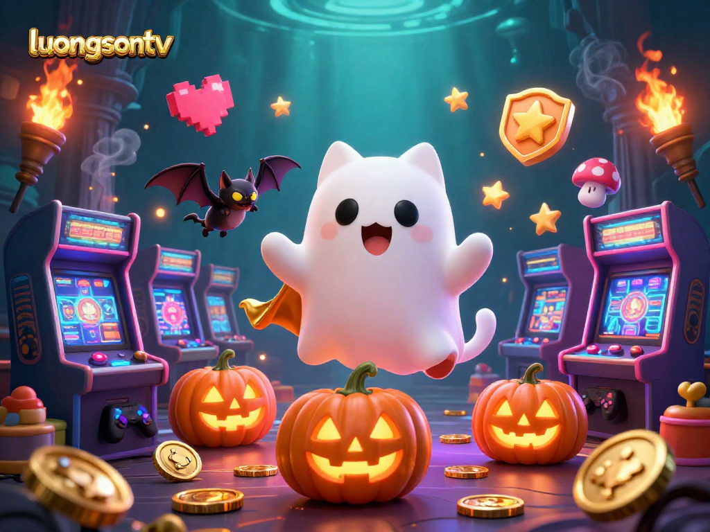 Join the excitement of luongsontv with a ghost cat and bat in a vibrant casino scene.