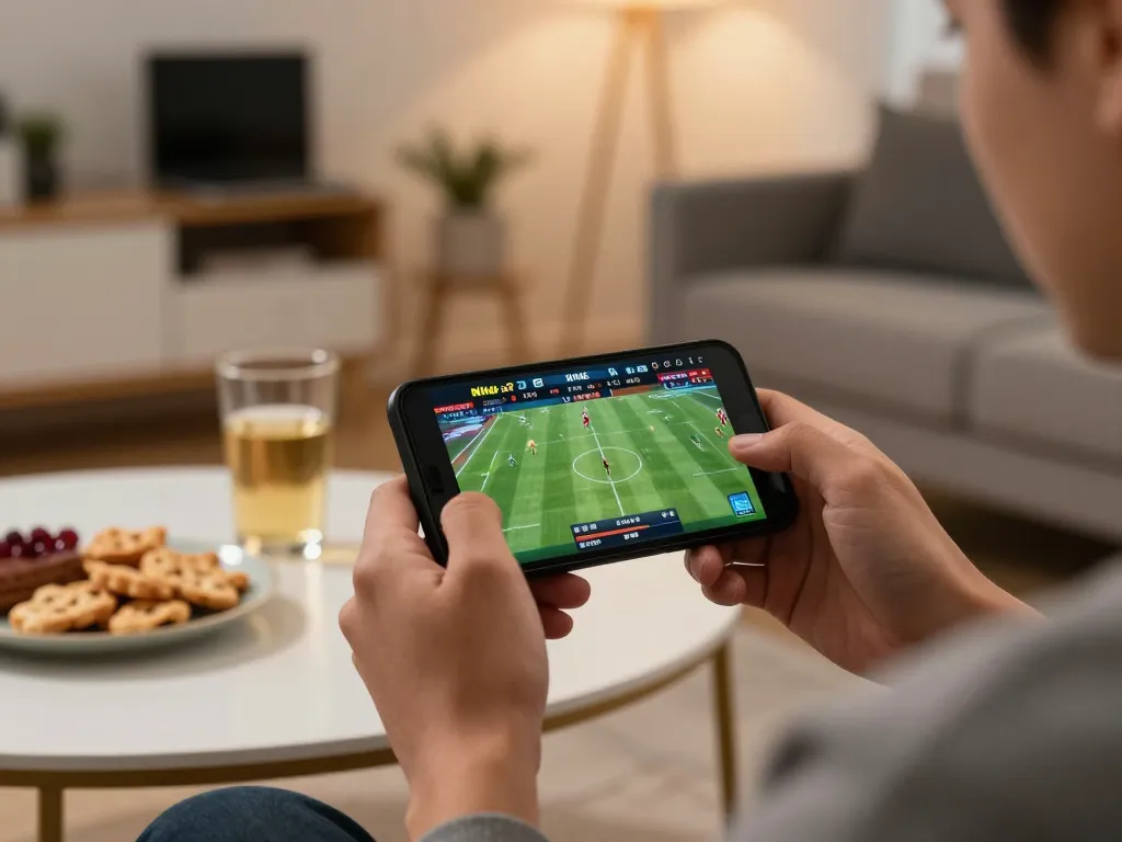 Max88 user actively placing a sports bet on mobile app while enjoying a relaxed home environment.