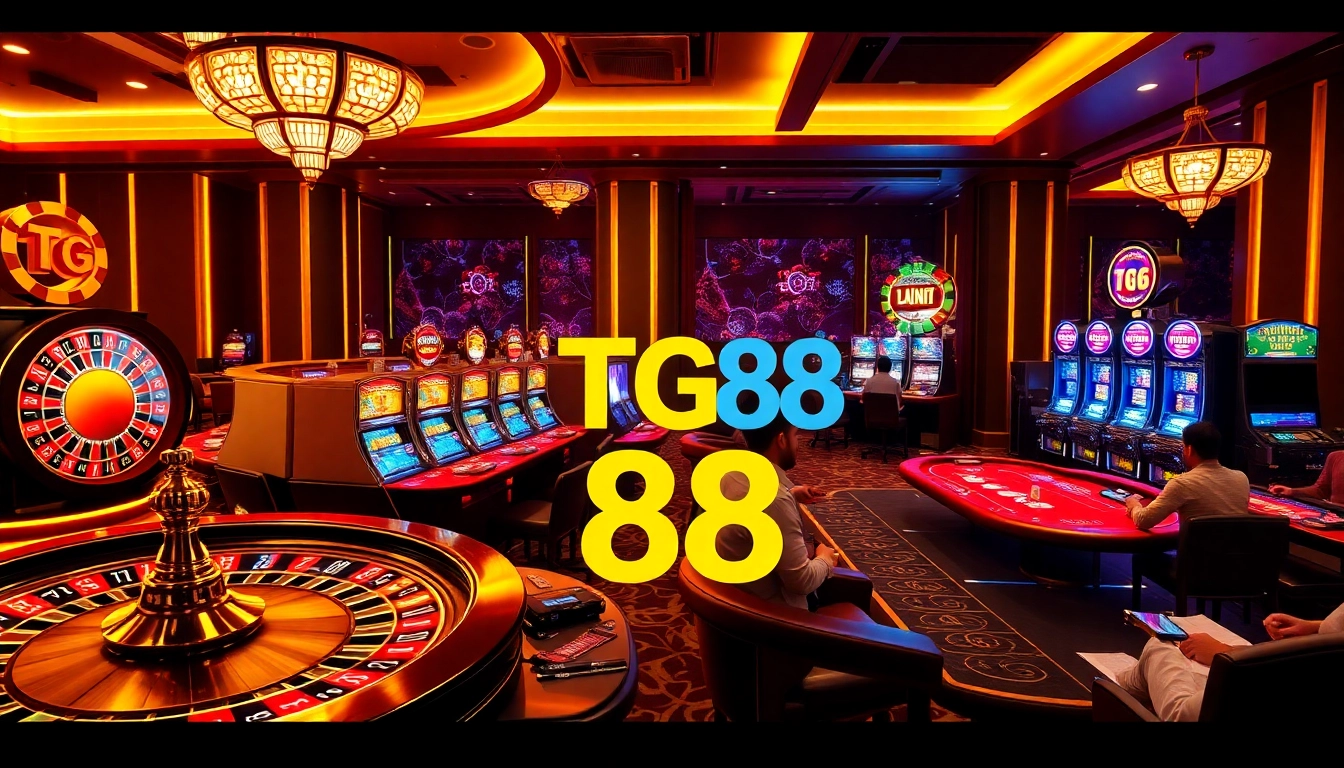 Engage with the thrilling world of TG 88 casinos, showcasing players enjoying roulette, slots, and poker.