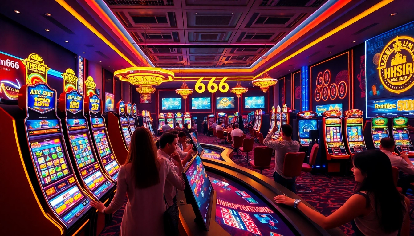 Exciting gaming experience at HH666 with players enjoying vibrant slot machines and live dealers.