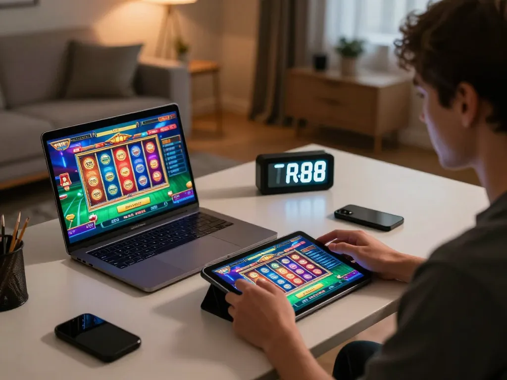 Engaging online casino gameplay on TR88, with vibrant game interface and cozy gaming setup