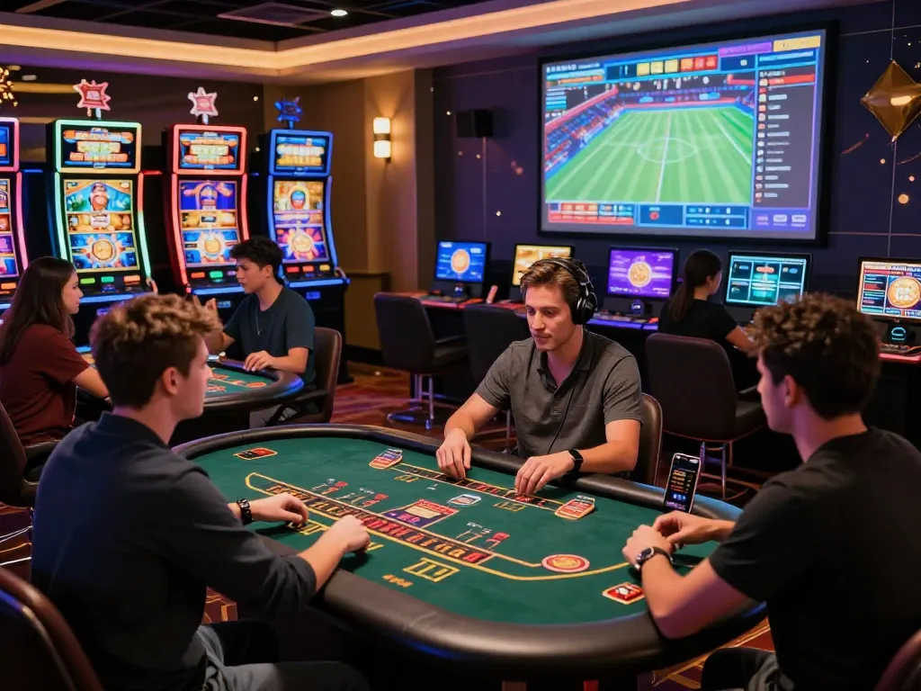 Exciting online gaming at https://ko66a.uk.com/ showcasing live dealer tables, slot machines, and sports betting atmosphere.