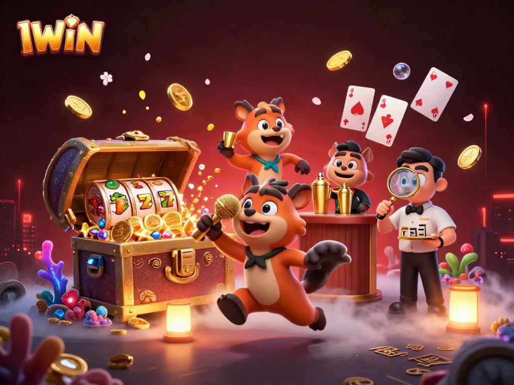 IWIN casino experience featuring animated hyenas and vibrant gaming elements in a lush casino setting.