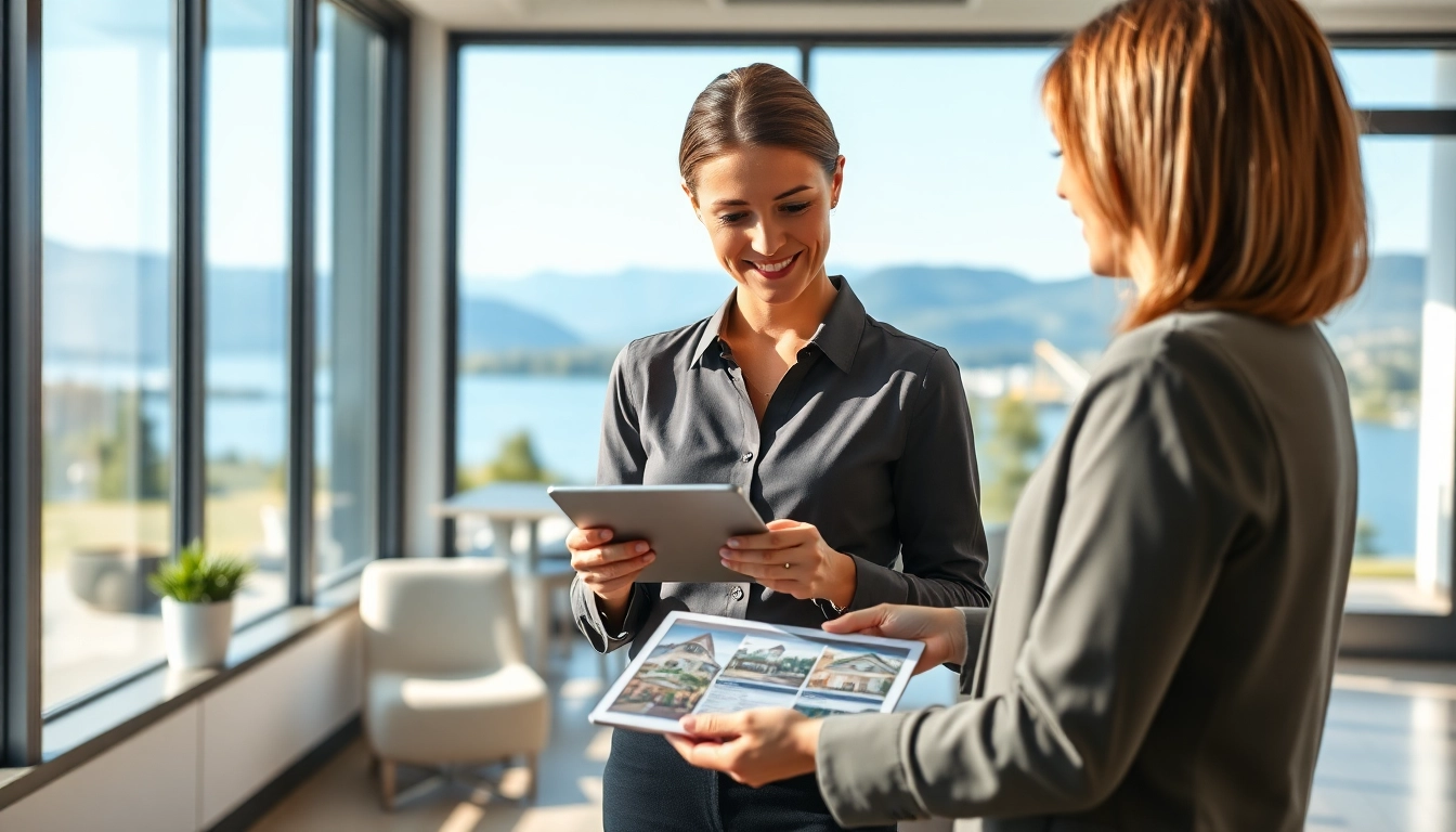 Kelowna realtor consulting clients in a sunny office, showcasing local properties.