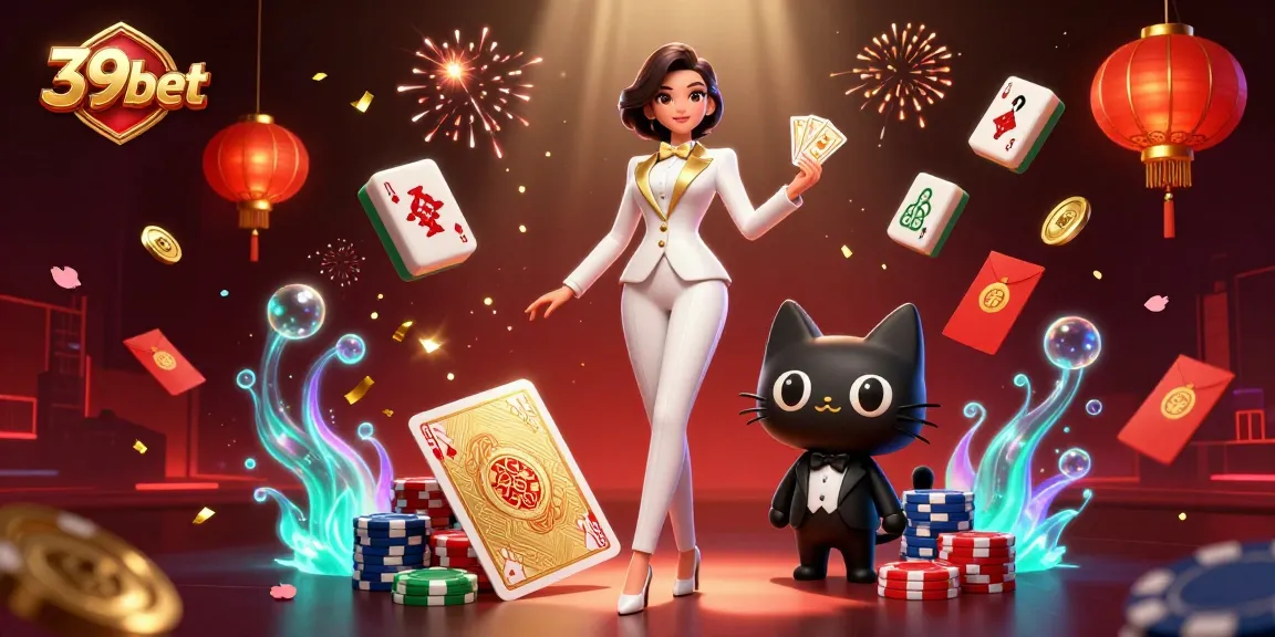 Win big with 39bet in a vibrant casino scene featuring glamorous characters and dynamic game elements.