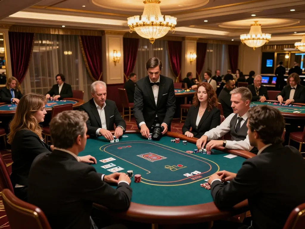 KP88 high-roller poker game with engaged players and professional dealer in an upscale casino.