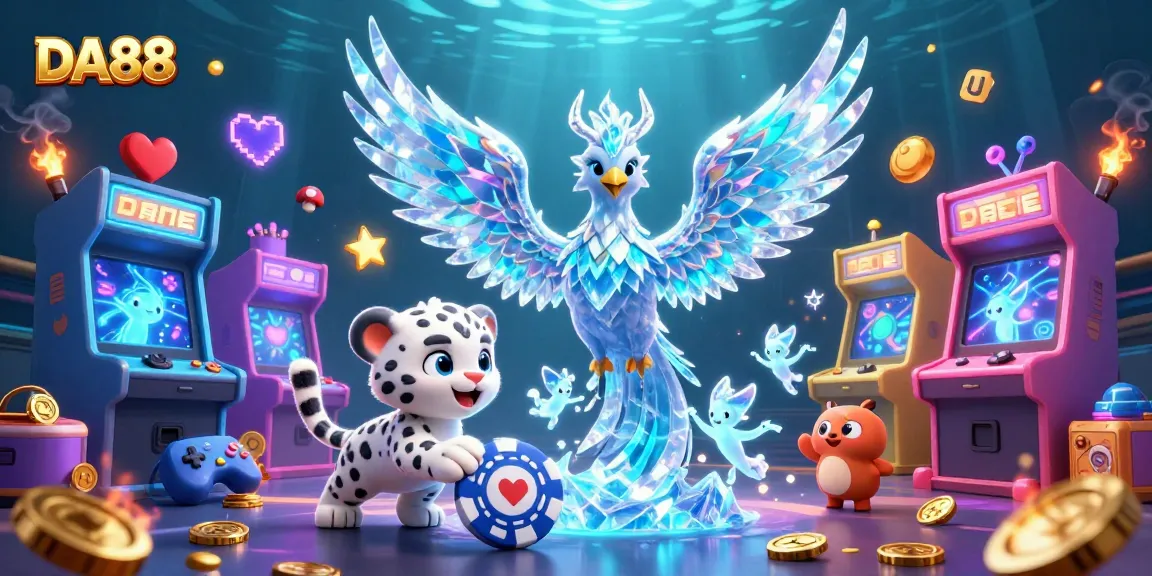 Players enjoy DA88 gaming with a vibrant illustration of an ice phoenix and casino elements.