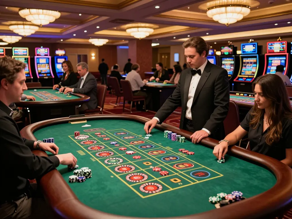 Engaging mmoo88 casino scene with players placing bets at roulette tables and vibrant atmosphere.