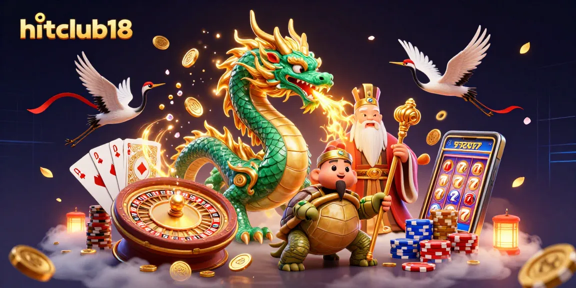 Experience hitclub18's vibrant casino scene featuring a jade dragon, lucky cranes, and golden winnings.