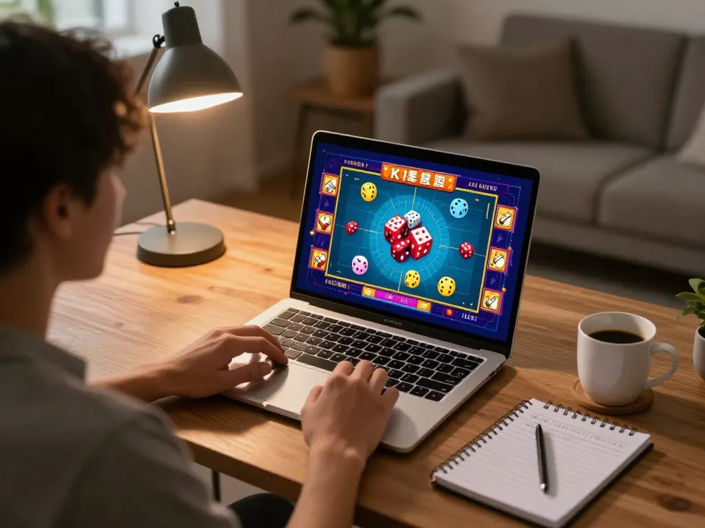 Engaged player enjoying tai xiu game on laptop while strategizing with notebook in cozy home