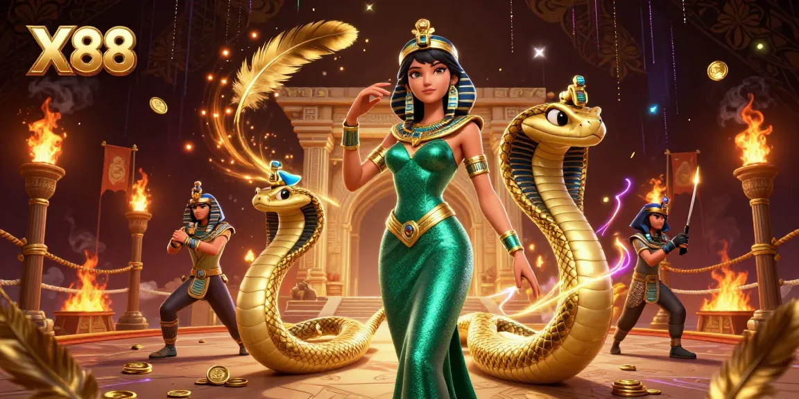 X88 Casino gaming scene with a captivating woman in an emerald gown and golden cobra, spotlighting enticing gaming elements.