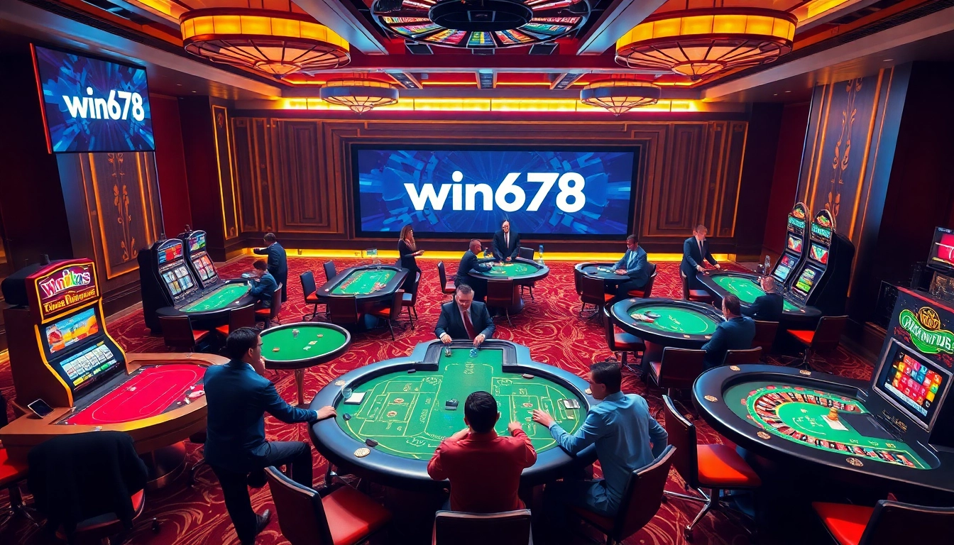 Players experience thrilling wins at win678 casino with colorful chips and slot machines.