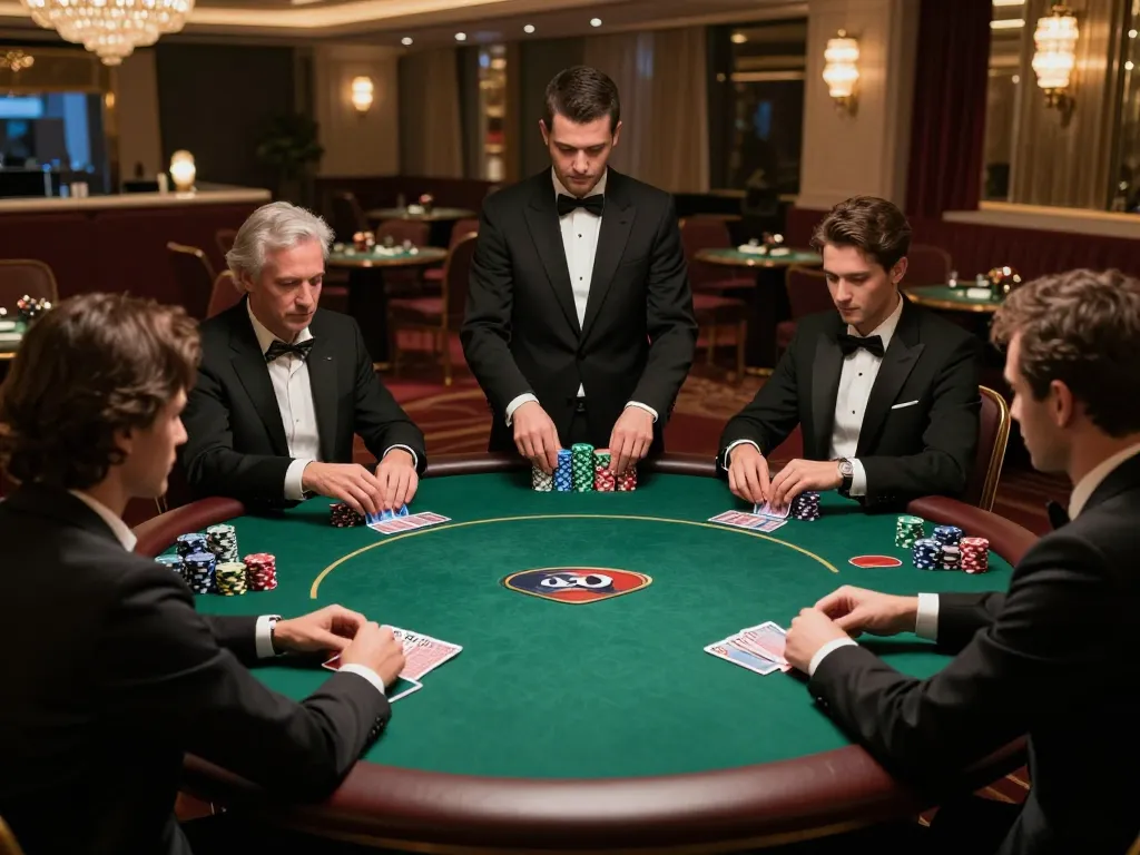 Players analyze their cards during a high-stakes poker game at an upscale casino showcasing strategic gameplay and luxury.