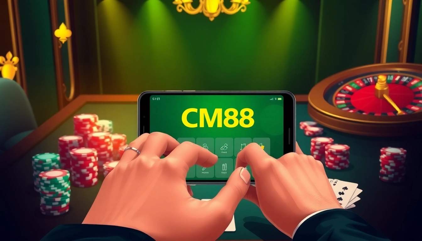 Engaging mobile gambling experience with cm88 tải app showcased in an upscale casino setting