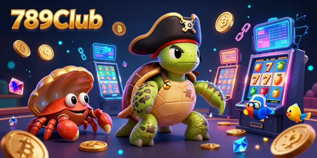 Engage in the thrilling world of 789Club with a 3D pirate turtle and vibrant slot machines.