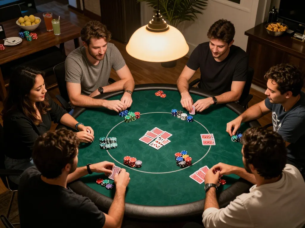 Players engaging in a lively home poker night using 99ok platform for online gaming, showcasing dynamic gameplay.
