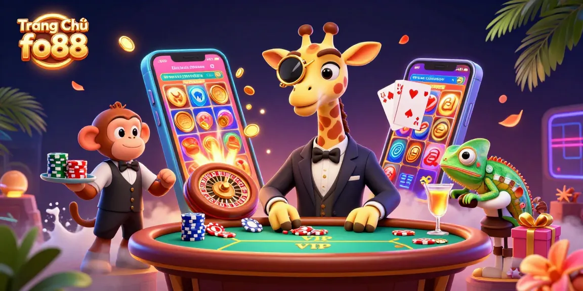Experience the excitement at Trang Chủ fo88 with vibrant casino elements, featuring a high-stakes giraffe and dynamic games.
