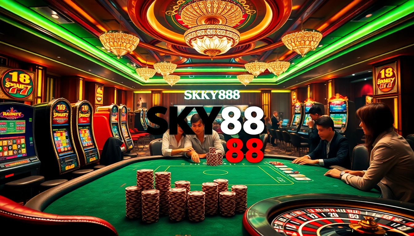 Experience thrilling gameplay at SKY88 casino with poker tables and vibrant slot machines.