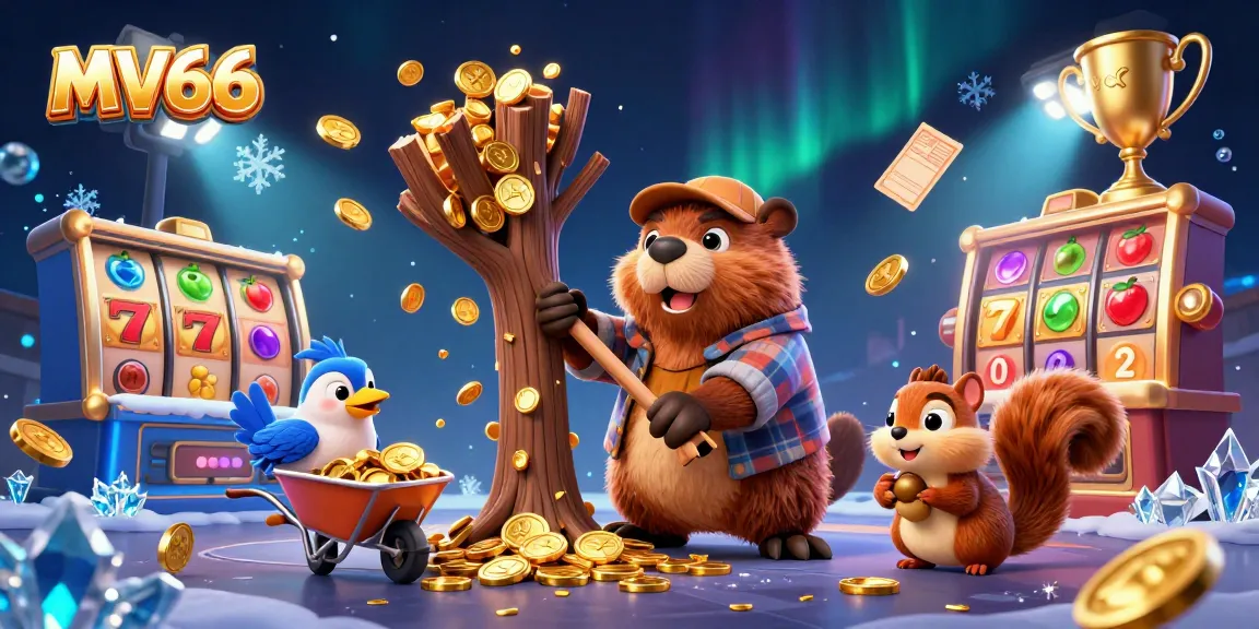 Experience thrilling MV66 slot wins with our animated beaver and friends collecting golden coins in a lively casino scene.
