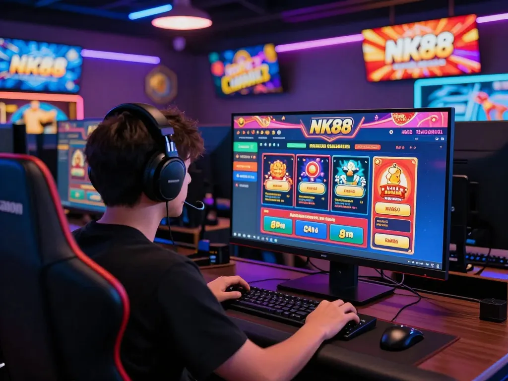 Engaged player exploring NK88 online casino platform, showcasing vibrant gaming atmosphere.