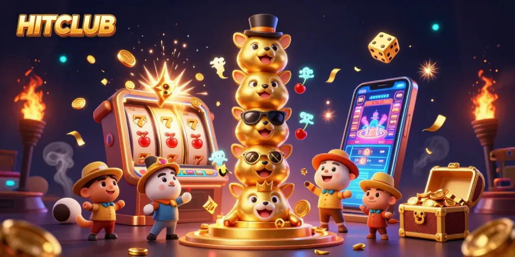 Experience excitement at HITCLUB with this vibrant 3D casino scene featuring animated characters and game elements.