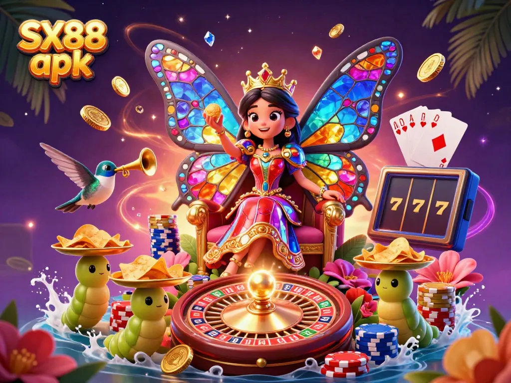 Experience the vibrant features of SX88 apk with a magical casino scene filled with characters and dynamic elements.