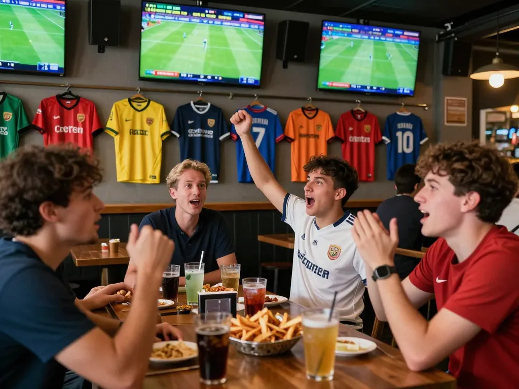 Cá độ bóng đá experience in a vibrant sports bar with friends cheering during a match.