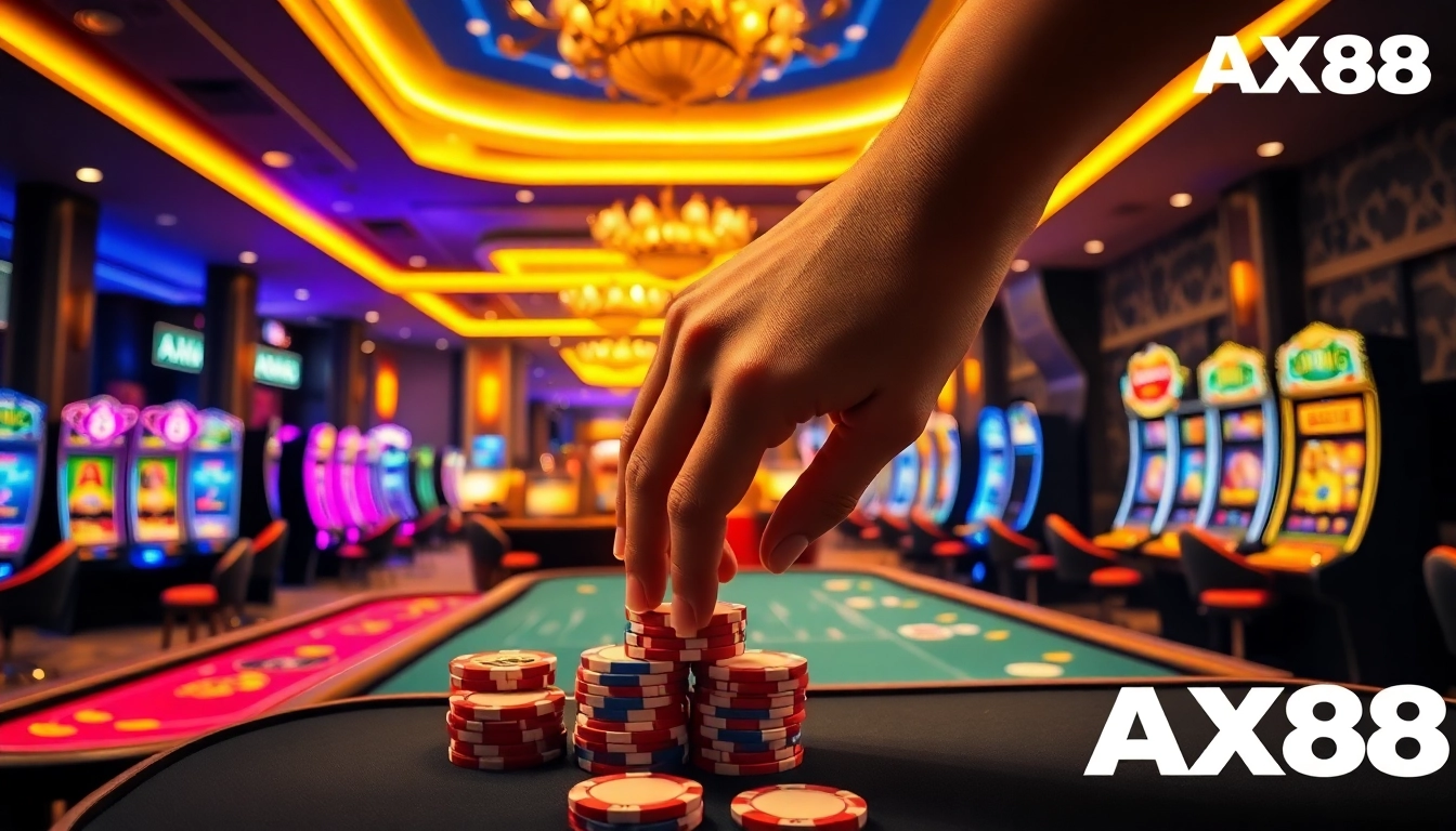Experience thrilling gambling with AX88 poker chips stacked on vibrant casino tables.