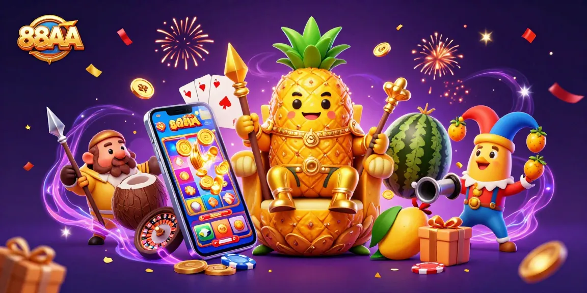 Experience the thrill of 88AA with a vibrant casino scene featuring a golden pineapple king and dynamic gaming elements.