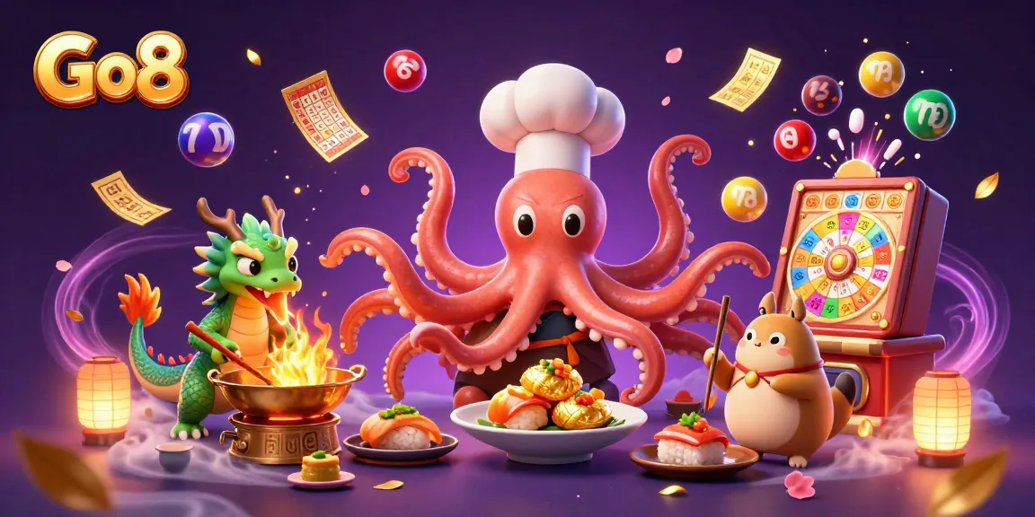 Join the Go8 adventure with a sushi chef octopus and dragon in a vibrant casino scene.