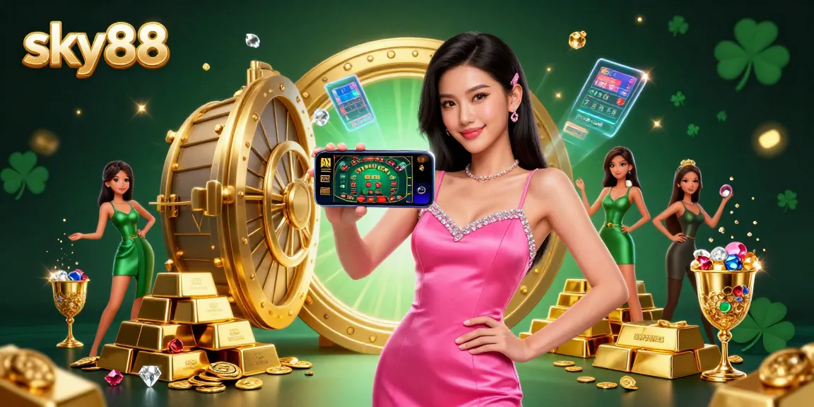 Experience the excitement of sky88 with a stunning Asian woman playing a live dealer game surrounded by riches and casino elements.