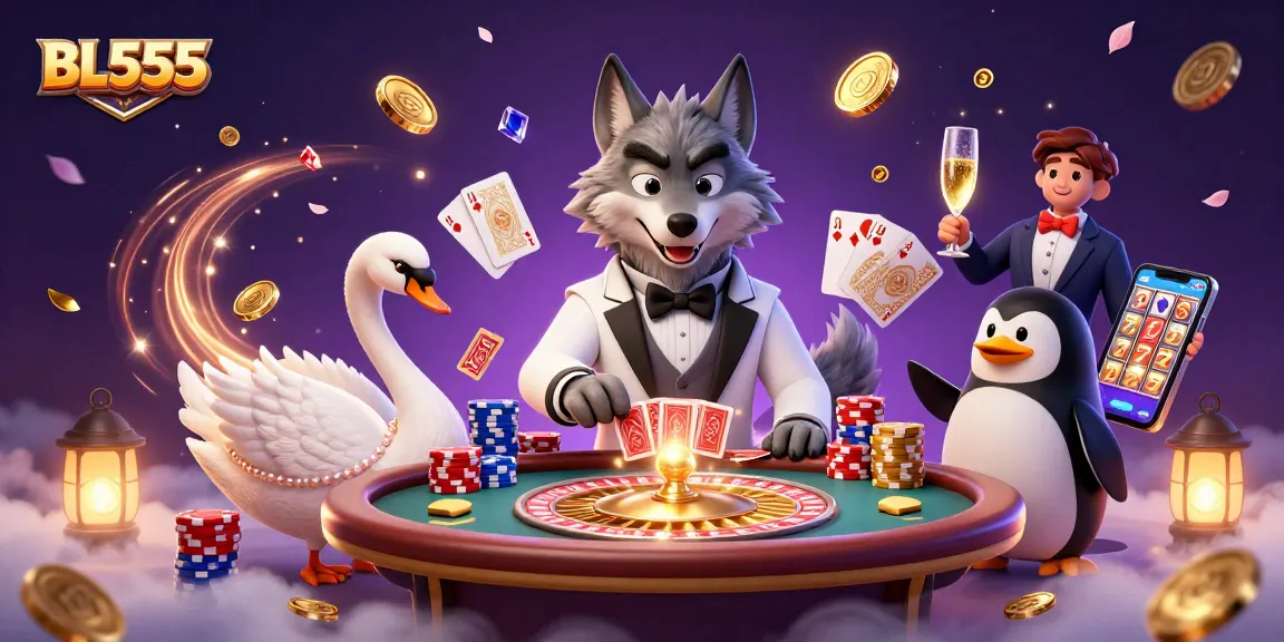 Experience the exciting gameplay at BL555 with a lively casino atmosphere featuring our charming characters.