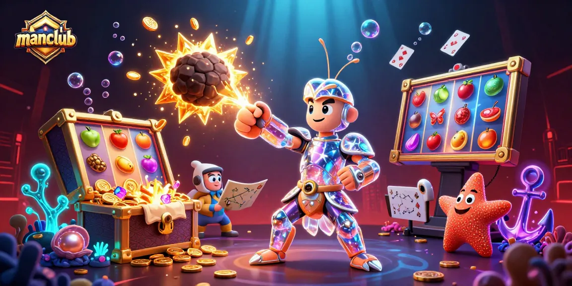 manclub harnesses excitement with a dynamic 3D illustration of a cartoon shrimp battling an asteroid for gems.