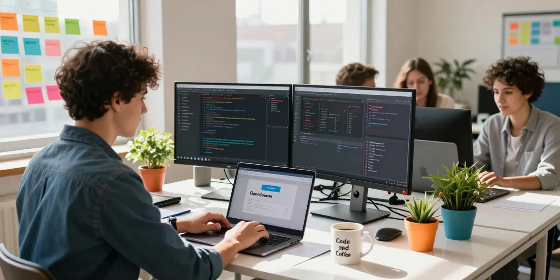 Dynamic workspace illustrating the Telegram download process with developers engaged in coding.