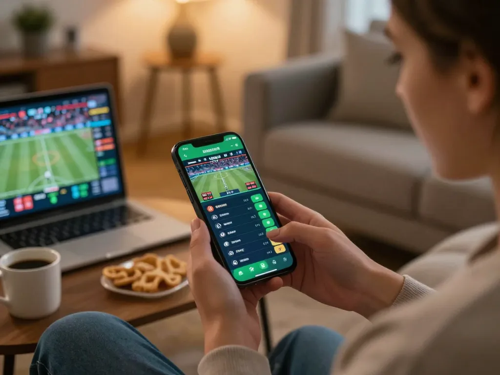 Person engaging with vaobet's mobile app for live sports betting, showcasing excitement in a cozy setting.