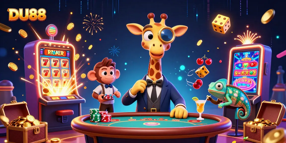 Experience thrilling gameplay at DU88 with a high-roller giraffe, dynamic characters, and vibrant casino elements.