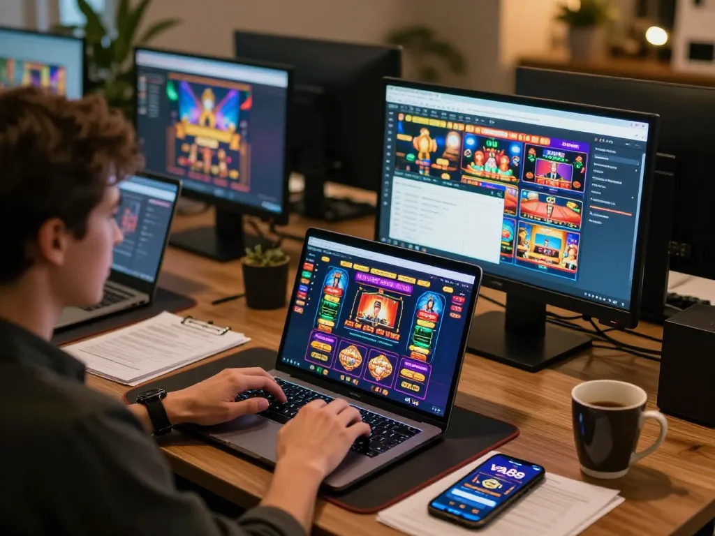 Engaging player using VA88 online casino app on laptop for strategic gameplay, showcasing responsible gaming