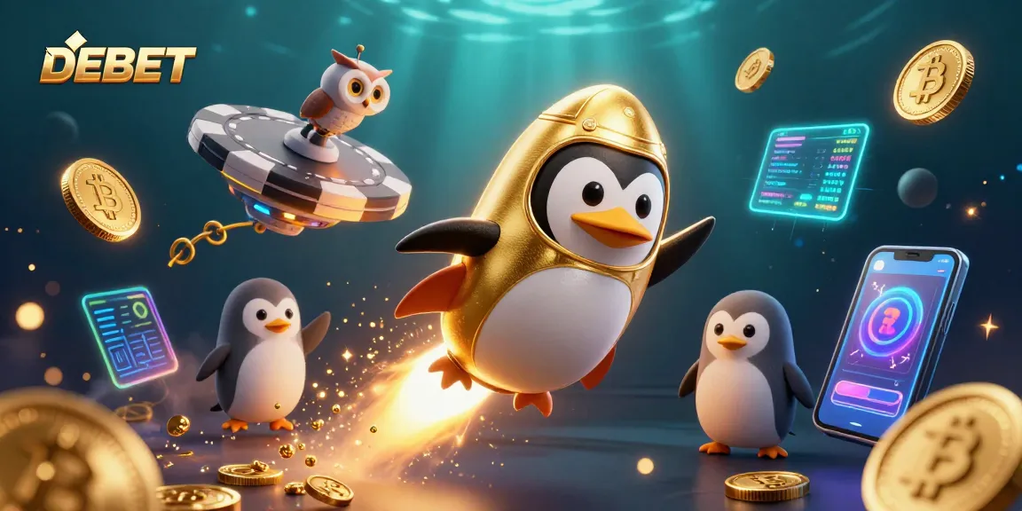Engage with DEBET's unique gaming experience in a dynamic cosmic casino scene featuring a golden penguin and crypto elements.