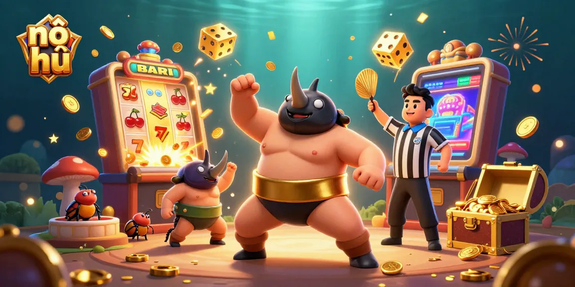 Experience nổ hũ excitement with a 3D sumo beetle champion sending coins flying amidst a lively casino scene.