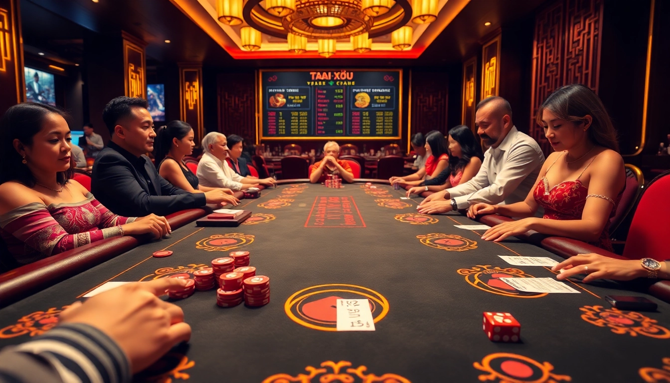 Experience the excitement of luckywin tài xỉu at a vibrant casino table with players engaged in thrilling bets.