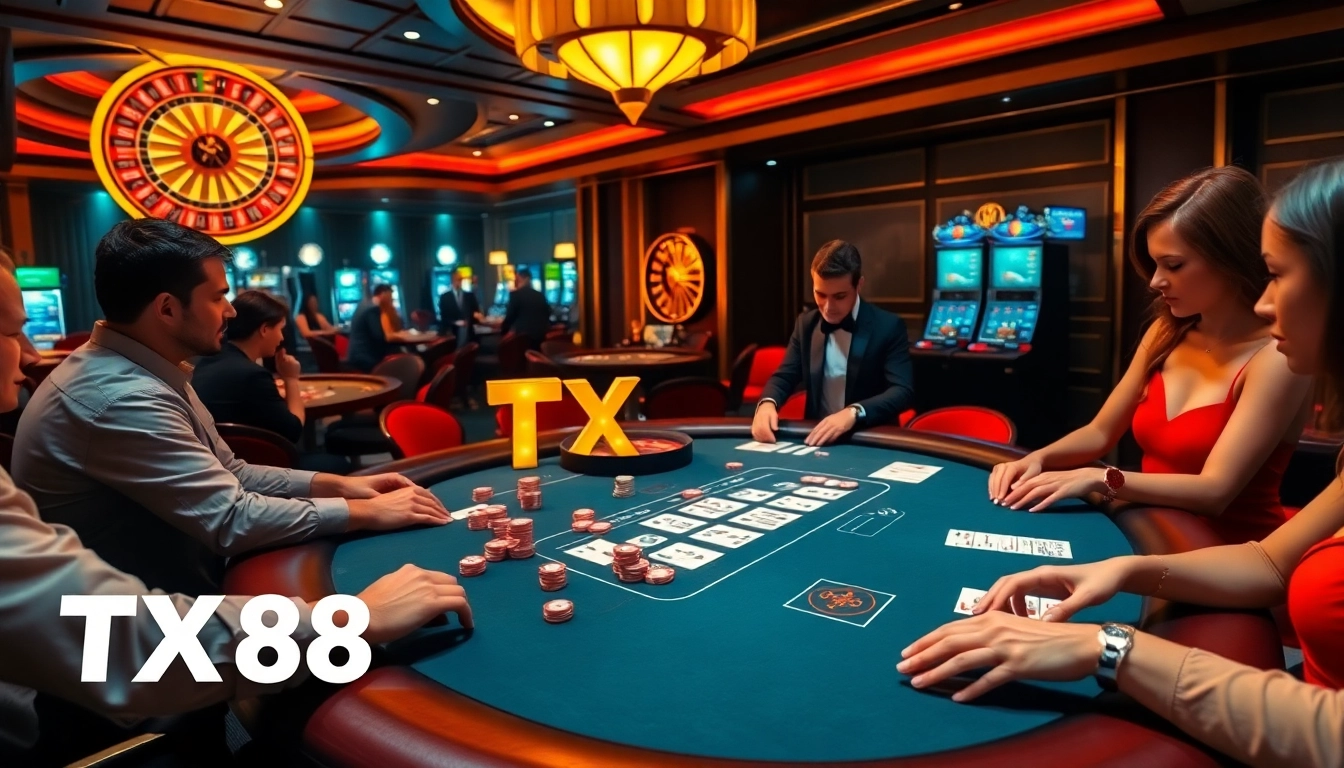 Players engaging in high-stakes poker at a luxury casino table highlighting TX88's premium gaming experience.