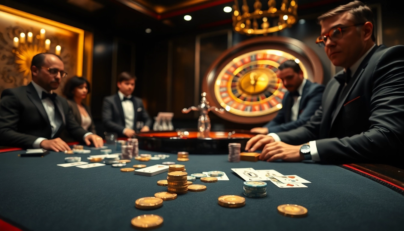 Engaging scene of stylish gamblers actively playing at a lu88 casino table.