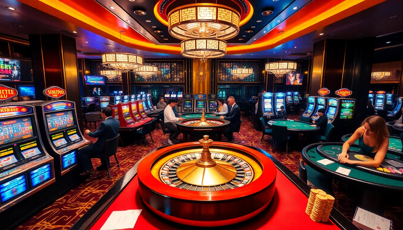 GG88 casino experience with excited players at slot machines and poker tables.