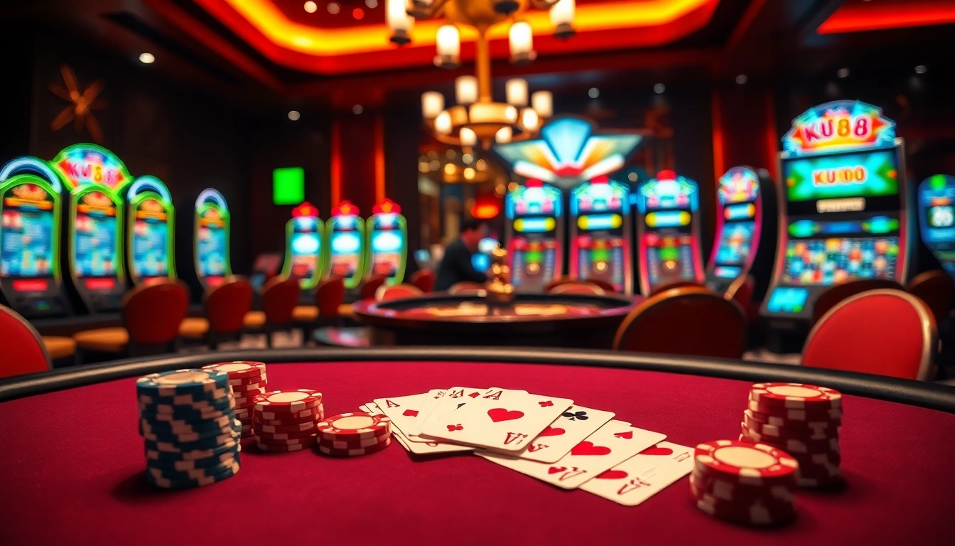 Engaging casino atmosphere with ku88 poker table, chips, and colorful slot machines.