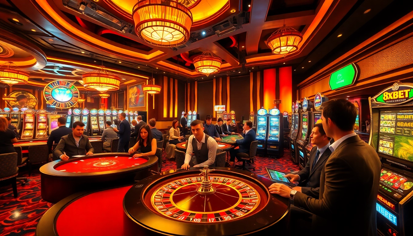 Gamblers enjoying a thrilling moment at a luxurious casino featuring 8xbet's online betting interface.