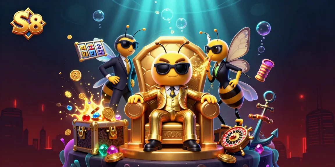 S 8 casino scene featuring a 3D mob boss and wasp guards surrounded by explosive slot machines and treasure.