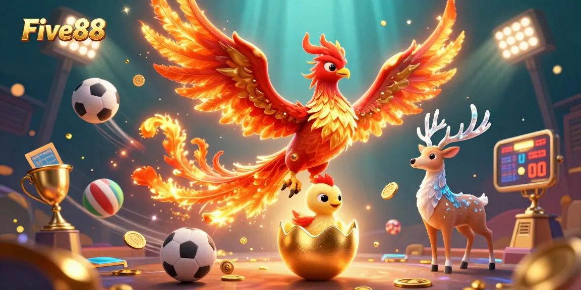 Engage with Five88 through dynamic sports betting action featuring a phoenix and baby chick in a casino setting.