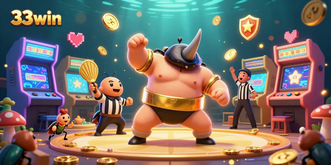 33win showcases an energetic scene of a sumo champion beetle amidst colorful arcade machines and golden coins.